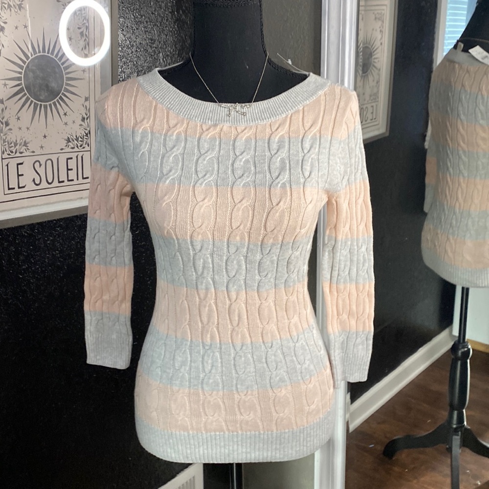 NWT blue pink Striped ann Taylor LOFT cable knit Sweater 100% cotton XXSP
